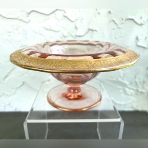 TIFFIN Pink-Glass Gold-Encrusted-Rim Pedestal Candy/Trinket Dish
